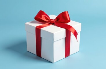 Obraz premium white gift boxes with red satin ribbon on blue background