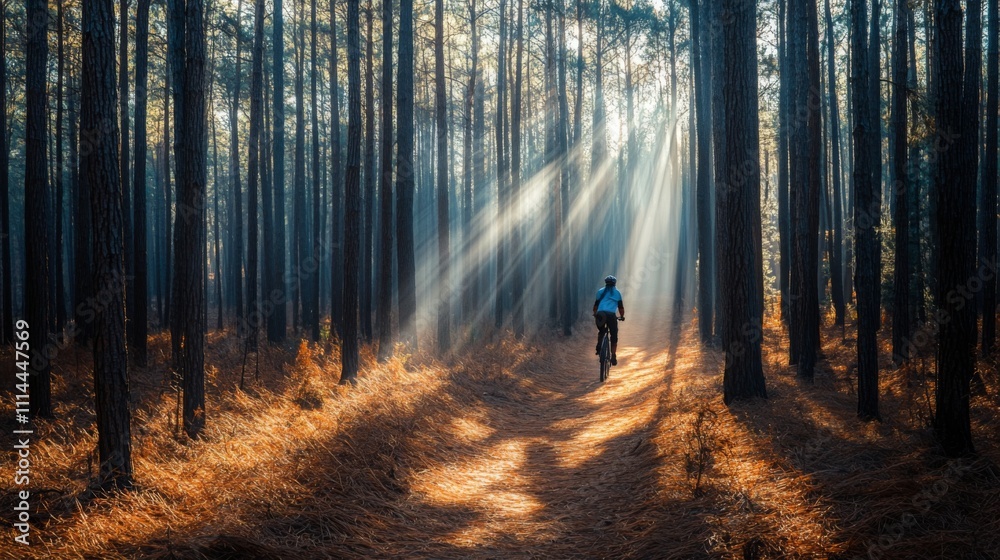 Poster a cyclist rides along a narrow trail surrounded by tall trees in a serene forest. golden sunlight fi