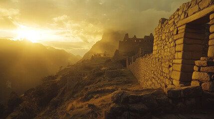 Machu Picchu Sunset: Ancient Ruins, Golden Hour, Cinematic View