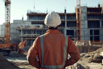 Fototapeta premium Construction worker with safety helmet and reflective stripes on uniform is monitoring the progress on a building site, ensuring safety and efficiency