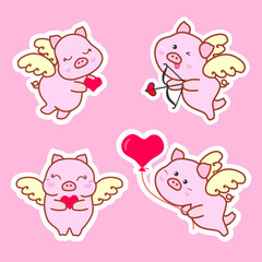 Set of pigs-cupids. Cute pigs angels with wings and hearts. Postcard, stickers for Valentines Day