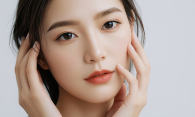 woman with natural skin and soft makeup gazes thoughtfully, her hands gently framing her face. serene expression highlights her smooth complexion and delicate features