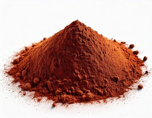 A heap of cocoa powder scattered neatly on a pristine white background, showcasing its deep brown color