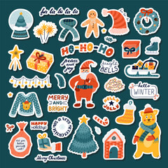 Fototapeta premium Cute cartoon sticker set for Xmas, New Year, wintertime for planners, notebooks. Ready for print list of stickers with lettering, clipart of fir tree, Santa Claus, funny bear, Christmas decorations