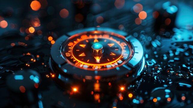 A close-up of a glowing compass on a wet surface, showcasing intricate details and reflections.