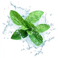 Mint Leaves with Water Splashes on White Background