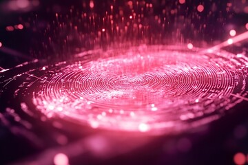 Pink digital data stream flowing into futuristic heads-up display interface with concentric circles and random characters, representing big data, artificial intelligence, and cybersecurity