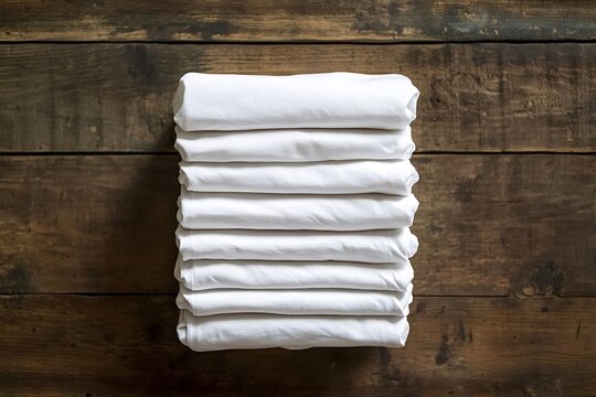 Perfectly folded white t-shirts creating a tidy stack on a rustic wooden table, showcasing a clean and organized arrangement that embodies minimalism and simplicity