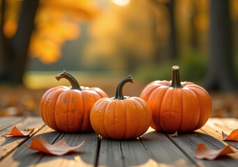 warm sunlight sets peaceful scene amidst three pumpkins scattered autumn leaves wooden