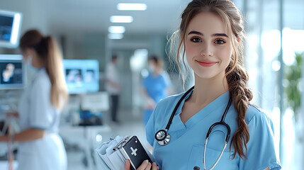 Fototapeta premium A woman in a blue scrubs is smiling and holding a clipboard