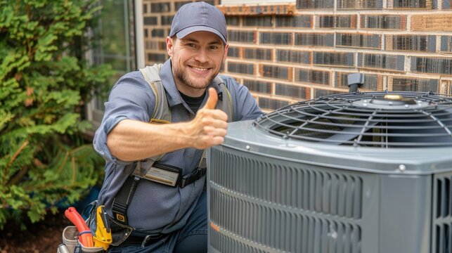 Happy HVAC Technician Giving Thumbs Up Near AC Unit