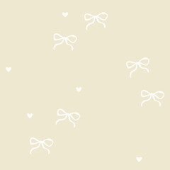 A whimsical seamless pattern with cute white bows and tiny hearts on beige background. Flirty ornament for textiles, fabric, wallpaper, wrapping paper