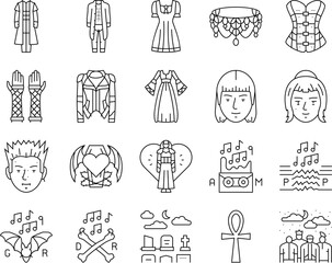 Fototapeta premium goth subculture punk gothic y2k icons set vector. heart tattoo, flame girl, people rocker, man metal, couple fire, woman graffiti goth subculture punk gothic y2k black contour illustrations