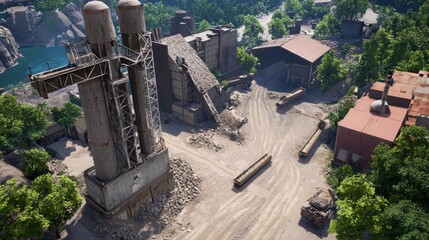 Derelict Industrial Complex Aerial View, Rustic Setting