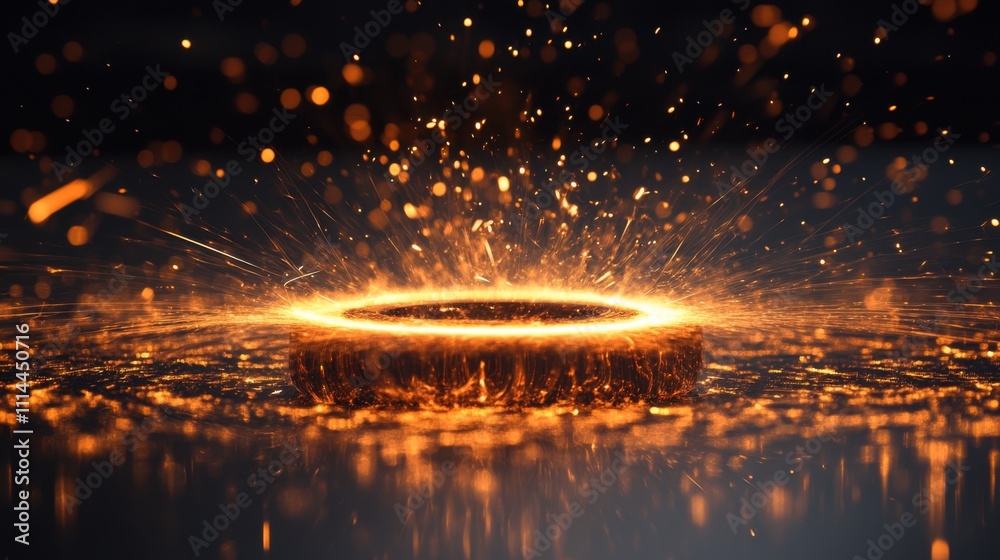 Poster dynamic display of golden sparks rising from a glowing circular formation in an abstract setting