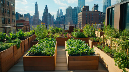 Fototapeta premium Urban Rooftop Garden: Terracotta Planters, Green Vegetables, City Skyline