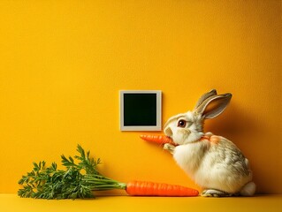 Adorable rabbit nibbling on a fresh crunchy carrot in front of a vibrant sunshine yellow wall with a vintage Polaroid style in soft focus creating an early 20th century aesthetic and cozy