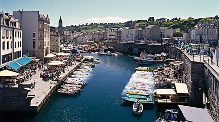 Coastal Town Harbor Boats Market Scene