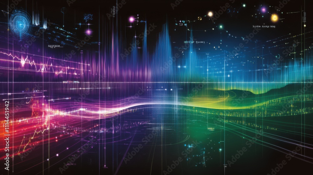 Poster colorful abstract wave patterns and sound frequencies illustrating technology and data visualization