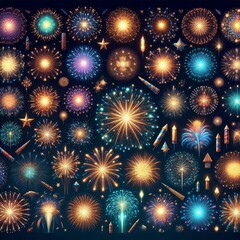 Big set of various fireworks with brightly shining sparks. Colorful pyrotechnics show. Realistic fireworks celebration isolated vector illustration. Beautiful light performance in night sky