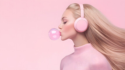 Young pretty woman blowing bubble gum isolated on pink background