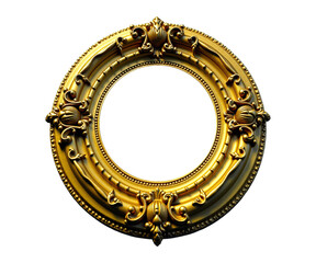 Obraz premium Luxurious baroque-style circular frame in brilliant gold on white background. Intricate floral and scroll details with symmetrical ornaments create depth and dimension. Elaborate craftsmanship. 