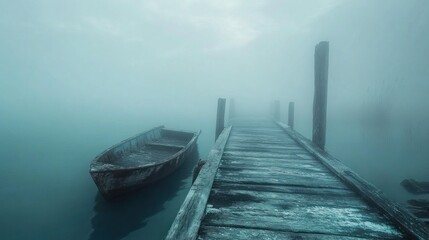 Obraz premium Misty Lake Serenity: A Lone Boat on a Foggy Wooden Dock