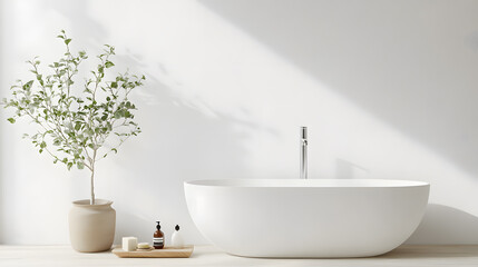 Fototapeta premium White vanity with ceramic sink and faucet in modern style white bathroom interior detail concept