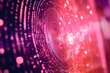 Concentric pink circles of small dots and lines create a mesmerizing visual effect, suggesting data flow and futuristic technology against a vibrant pink and purple backdrop