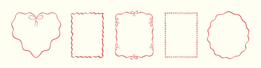 Collection of doodle hand drawn trendy frames with wavy lines, bows and ribbons. Minimalist line art. Modern whimsical borders for wedding invitations, birthday card, lunch menus. Vector illustration.