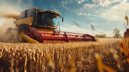 Obraz premium A powerful combine harvester working in a golden wheat field during sunset.