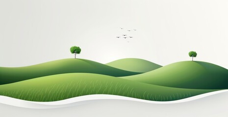 Obraz premium Rolling Green Hills with Lone Trees and Birds