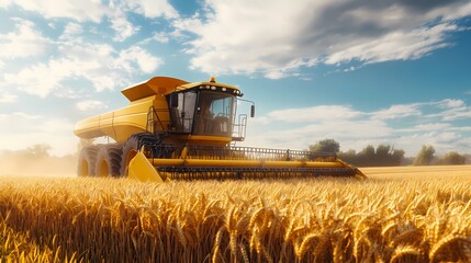 Fototapeta premium A powerful yellow combine harvester working in a golden wheat field under a bright blue sky.
