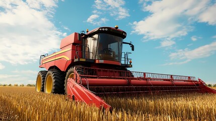 Fototapeta premium A vibrant red combine harvester in a golden wheat field under a bright blue sky.