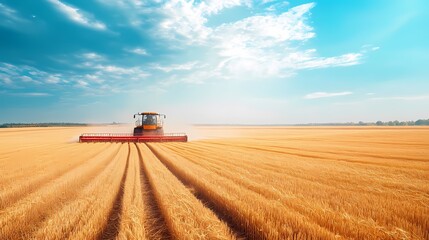 Fototapeta premium A powerful combine harvester cuts through golden wheat fields under a bright blue sky.