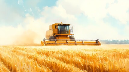 Fototapeta premium A yellow combine harvester works through golden wheat fields under a blue sky.