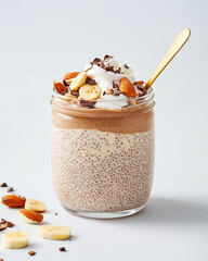 A healthy breakfast - a jar of layered, creamy chia pudding garnished with banana slices, almonds, and chocolate shavings, with a gold spoon on a minimalist white background.