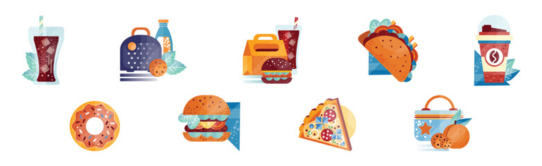 Fototapeta premium Snack and Appetizer Food and Lunch Flat Vector Set