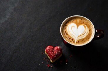 Dessert and cappuccino (latte) with foam in the shape of a heart on a black background. Place for text. Valentine's Day celebration, coffee