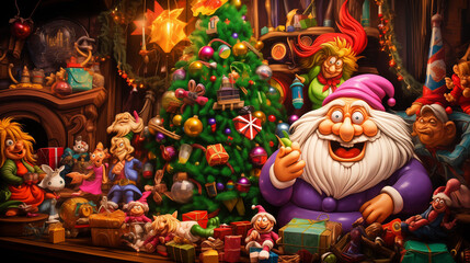 A lively Christmas scene featuring cheerful cartoon characters joyfully celebrating around a beautifully decorated tree.