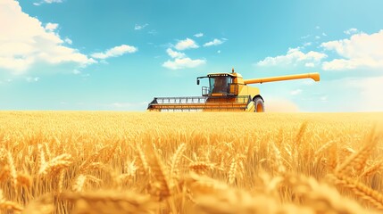 Obraz premium A vibrant yellow combine harvester at work in a golden wheat field under a clear blue sky.