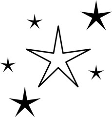 Obraz premium Minimalist silhouette stars icon set, twinkle shining star shape symbols, icons, elements. Modern geometric sparkle black silhouettes sign