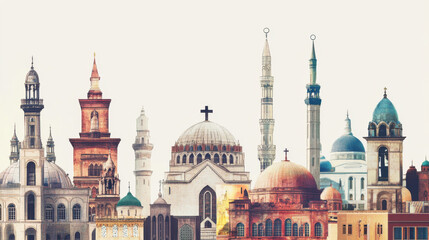 Obraz premium Beautiful Skyline of Diverse Architectural Structures Featuring Domes, Spires, and Towers from Different Cultures and Historical Periods, Symbolizing Harmony and Diversity