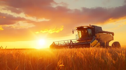 Fototapeta premium A modern agricultural harvester working in a golden wheat field at sunset, capturing the beauty of rural farming.