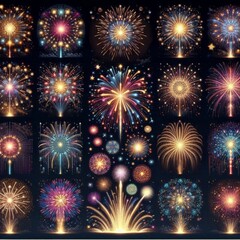 Fototapeta premium Big set of various fireworks with brightly shining sparks. Colorful pyrotechnics show. Realistic fireworks celebration isolated vector illustration. Beautiful light performance in night sky.