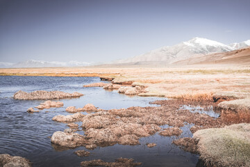 Panorama of a high-mountain landscape, a lake and a river in the mountains flows in a mountain valley among meadows against the background of mountains, landscape in the Pamir Mountains background