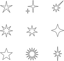 Minimalist silhouette stars icon set, twinkle shining star shape symbols, icons, elements. Modern geometric sparkle black silhouettes sign