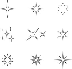 Minimalist silhouette stars icon set, twinkle shining star shape symbols, icons, elements. Modern geometric sparkle black silhouettes sign