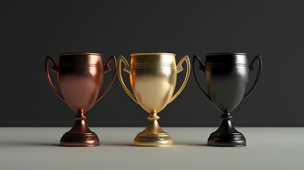 Three metallic trophies in bronze, gold, and black, symbolizing achievement and competition.