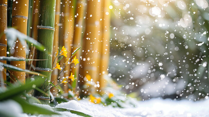 Snowfall on Bamboo in Winter Garden
